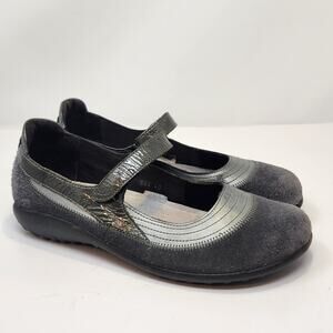 Naot Women Kirei Gray Metallic Leather Mary Jane Flats Size 40 US 9 Comfort Shoe